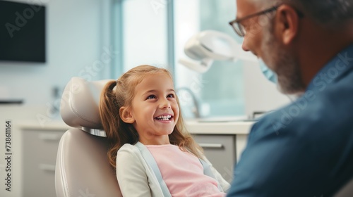 Hands of unrecognizable pediatric dentist making examination procedure for smiling cute little girl sitting on chair in hospital. Dentist office. Little girl sitting in the dentists office