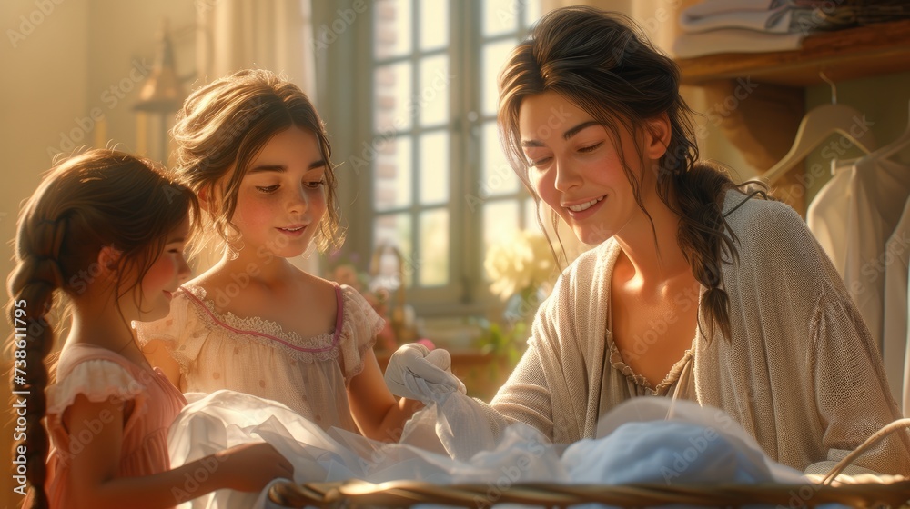 Mother and Daughters Enjoy Bonding Over Laundry Time. Mother and Daughters Enjoy Bonding Over Laundry Time.