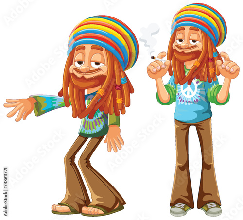Two cheerful Rastafarian figures in vibrant attire.