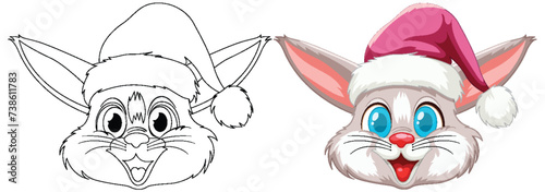 Cartoon rabbit with Santa hat, before and after coloring.