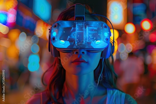 Woman wearing VR headset in neon light setting modern technology and futuristic in digital entertainment showcasing virtual reality as blend of science and fun reflecting cutting edge design