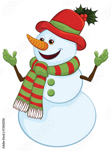 Smiling snowman with festive hat and scarf.