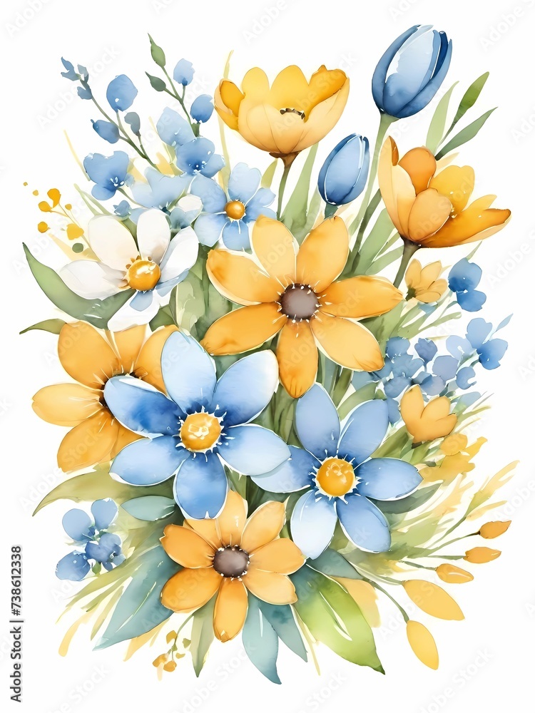 vibrant and colorful illustrations of flowers, evoking a fresh and cheerful atmosphere. The floral patterns, featuring a blend of blue and yellow hues