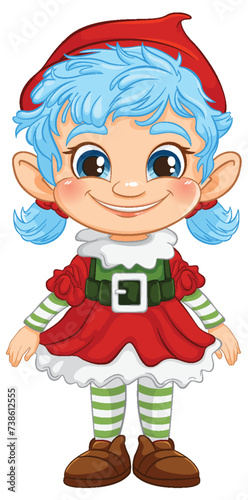 Smiling elf character in colorful Christmas costume.