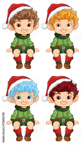 Four cartoon elves with different hair colors.