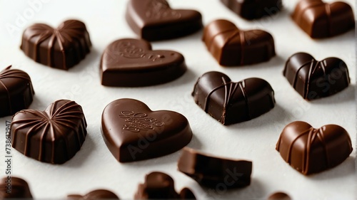 Heart shaped dark chocolates on plain white background from Generative AI