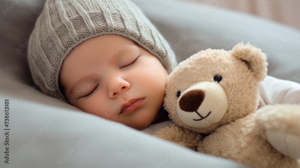 Sleeping Newborn Embraced by Teddy Bear in Knit Hat. Sleeping Newborn Embraced by Teddy Bear in Knit Hat.