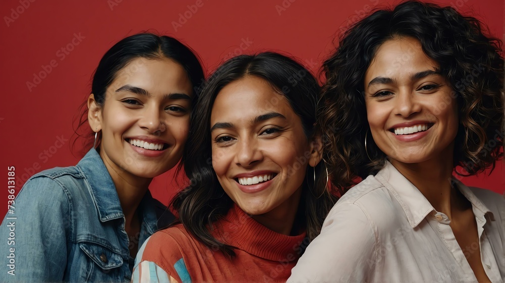 Fototapeta premium Multi ethnic diverse inclusive woman of different ages smiling at camera on plain red background from Generative AI
