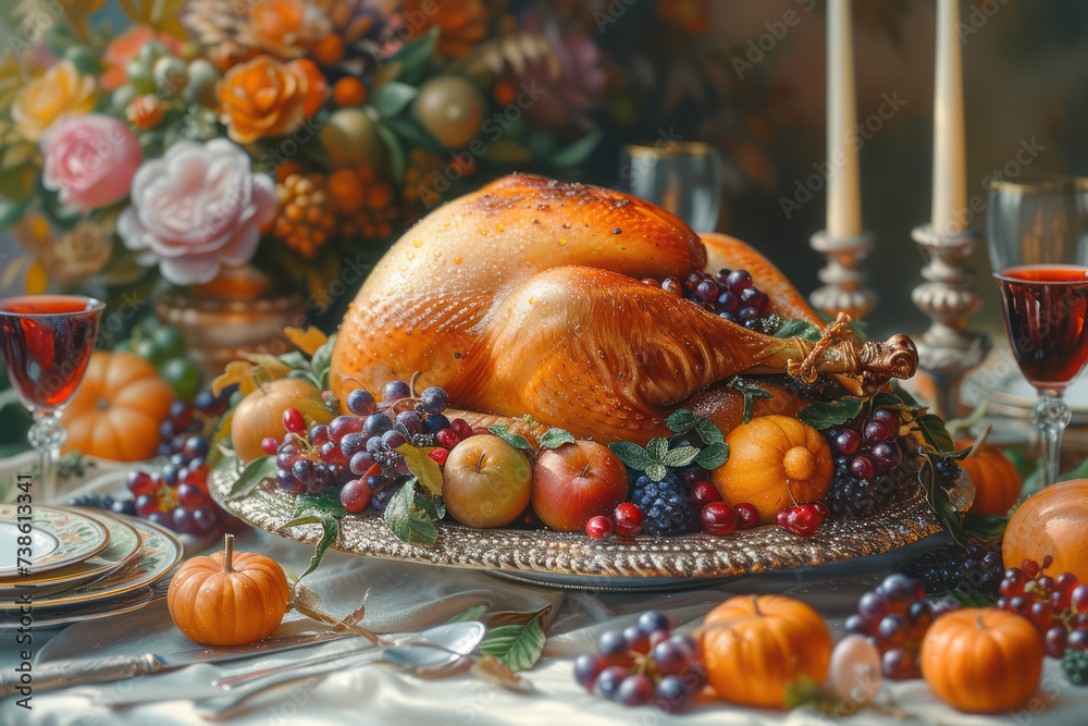 Dinner Table with Thanksgiving Turkey extreme closeup. Generative AI Dinner Table with Thanksgiving Turkey extreme closeup. Generative AI