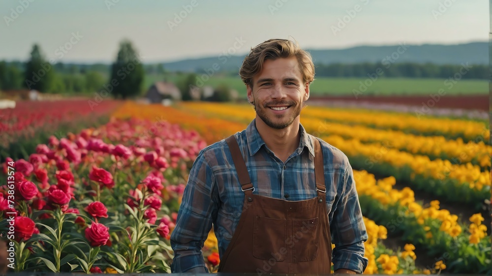 Fototapeta premium Young handsome immigrant man farmer in a colorful flower farm smiling looking at the camera from Generative AI