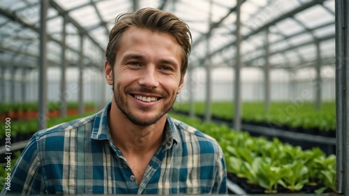 Young handsome caucasian man farmer inside a greenhouse with plants indoor farm smiling looking at the camera from Generative AI © Arceli