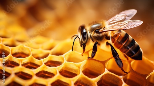 Macro photo of a bee hive on a honeycomb with copyspace. Bees produce fresh, healthy, honey. Beekeeping concept photo