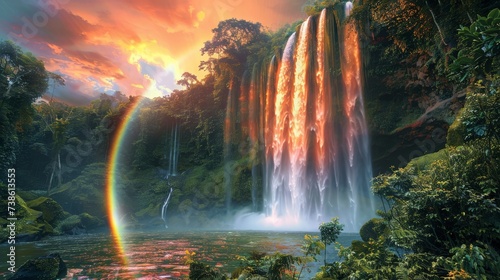 A rainbow over a waterfall in a lush rainforest, vibrant and lively nature landscape © arhendrix