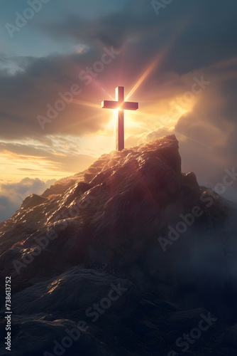 G  ttliches Licht  Leuchtendes christliches Kreuz auf dem Gipfel eines Berges