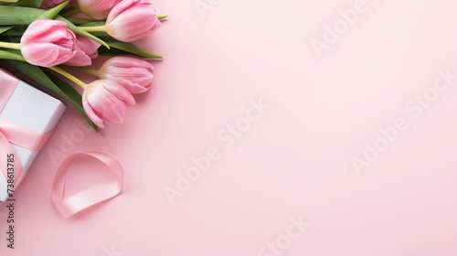 Mother's Day decorations concept. Top view photo of blue giftbox with ribbon bow and bouquet of pink tulips on isolated pastel pink background with copyspace © Elchin Abilov