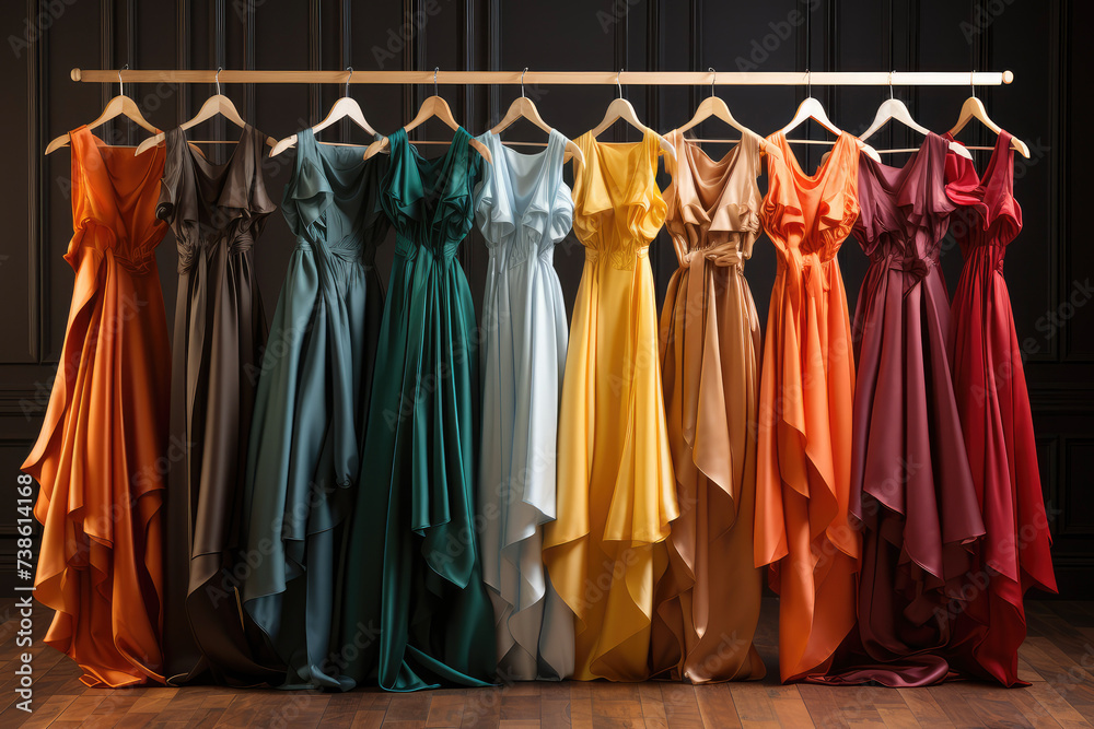 Row of Beautiful Luxury Colorful Dresses on Hangers in a Showroom extreme closeup. Generative AI.