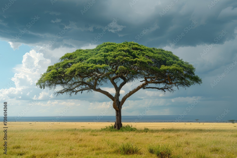 A solitary tree in a vast savannah under a dramatic sky, symbolizing solitude in nature