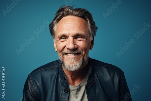Portrait of a happy senior man smiling and looking at camera against blue background