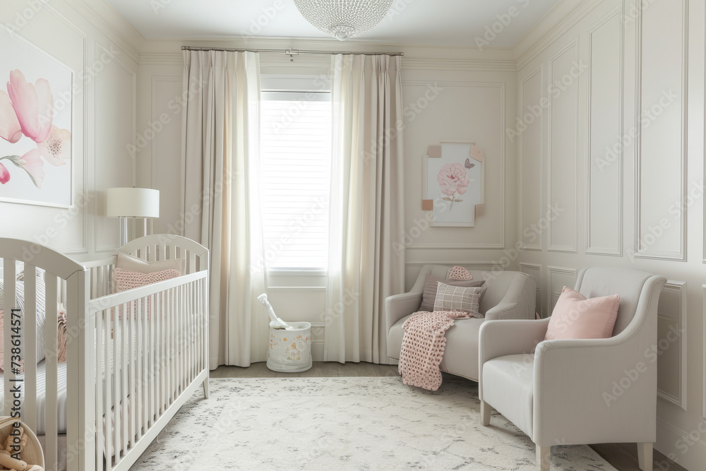 Fototapeta premium A Babys Room With a Crib, Chair, and Window