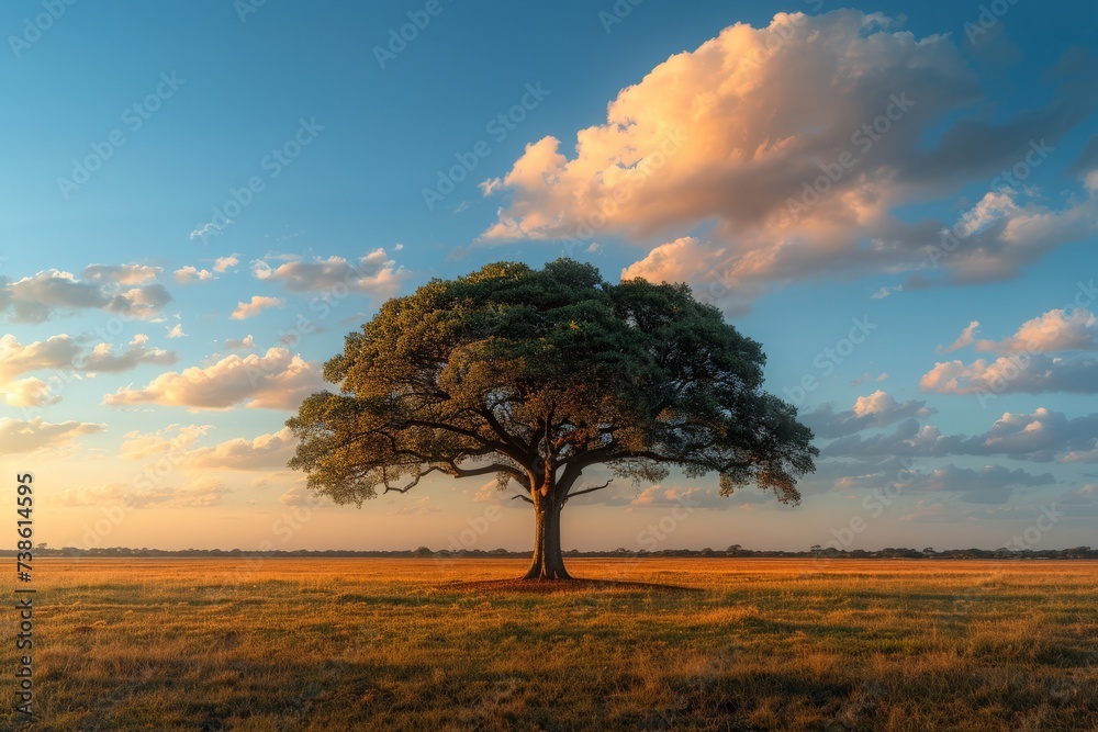 A solitary tree in a vast savannah under a dramatic sky, symbolizing solitude in nature - obrazy, fototapety, plakaty 