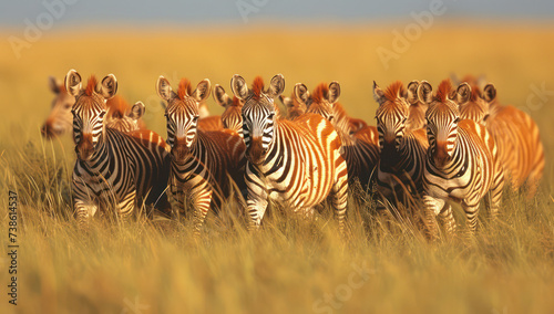A Herd of Zebras Moving Together in a Grassy Field extreme closeup. Generative AI