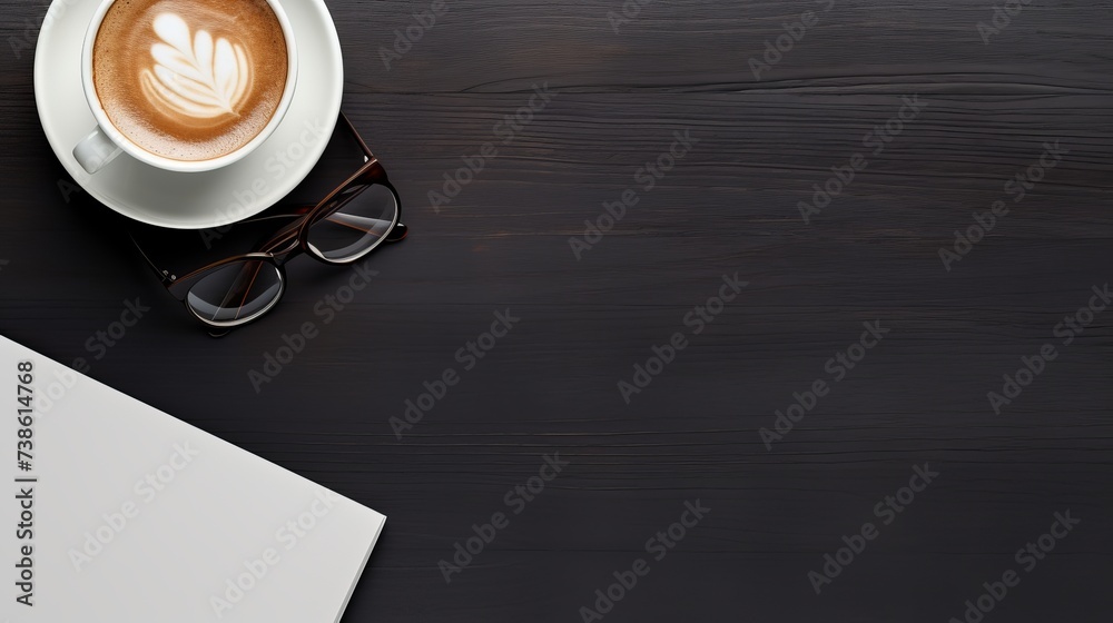 Office table with notepad, computer and coffee cup. View from above with copy space Office table with notepad, computer and coffee cup. View from above with copy space