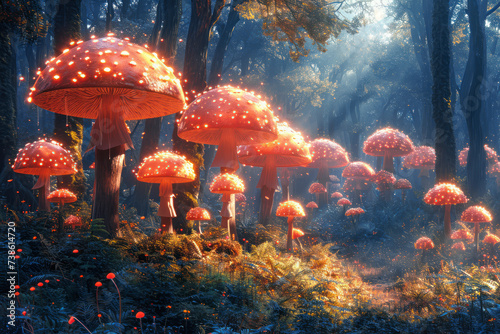 Glowing Fairytale Fly Agaric Mushrooms in a Fairytale Forest extreme closeup. Generative AI