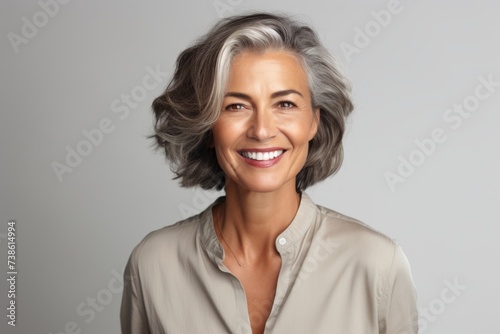 Portrait of happy senior woman with grey hair  over grey background