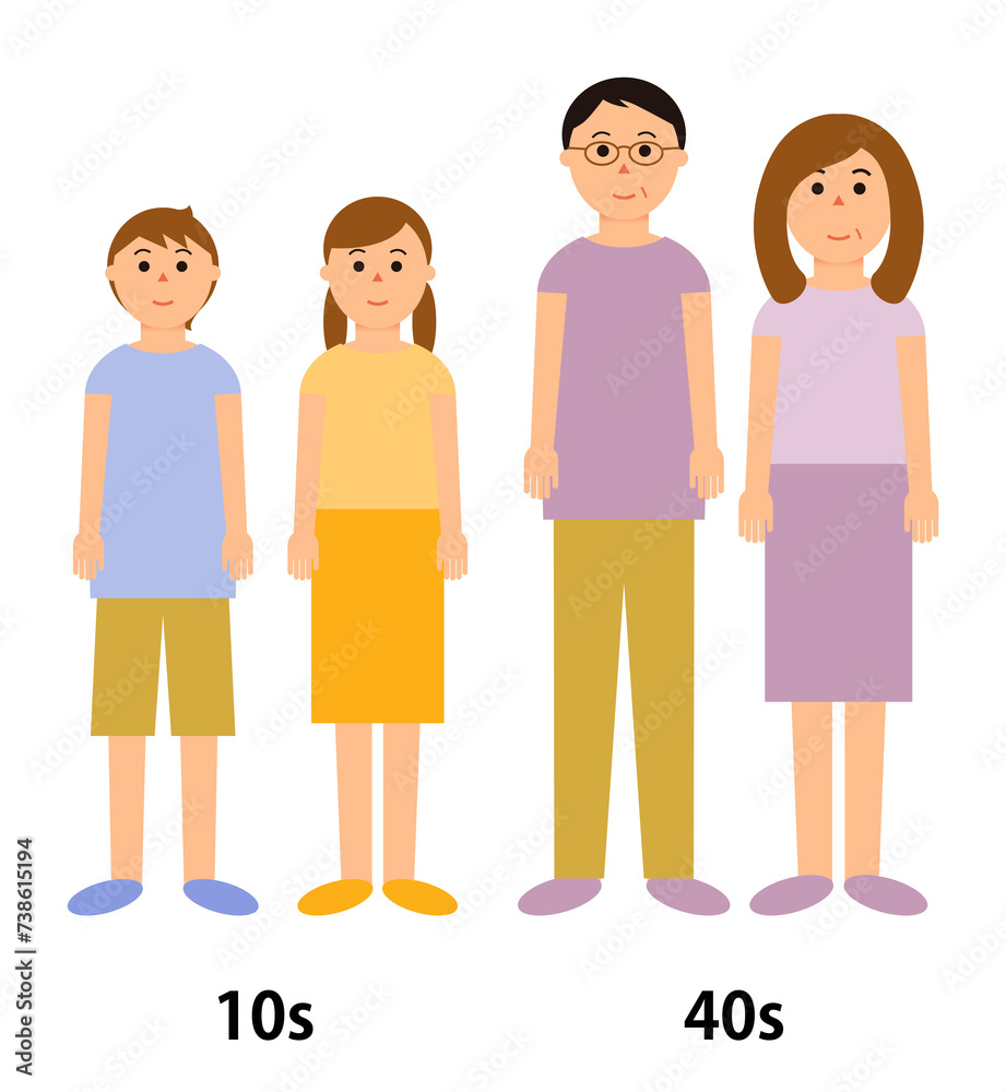 10代と40代の男女4人の人物イラスト 10代と40代の男女4人の人物イラスト