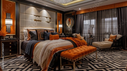 Art Deco inspired bedroom with bold geometric patterns, luxurious fabrics, and elegant lighting fixtures