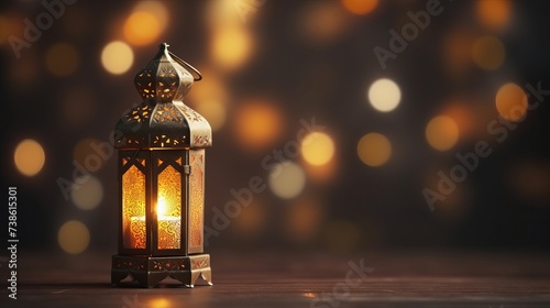 Ornamental Arabic lantern with burning candle glowing at night. Festive greeting card, invitation for Muslim holy month Ramadan Kareem © Elchin Abilov