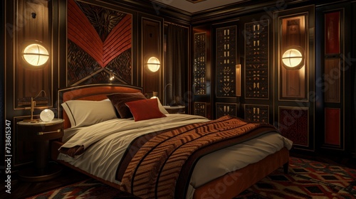 Art Deco inspired bedroom with bold geometric patterns, luxurious fabrics, and elegant lighting fixtures