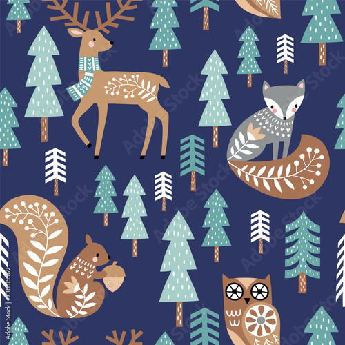 Hand drawn seamless vector pattern with cute Scandinavian woodland animals and pine tree forest. Perfect for textile, wallpaper or print design.