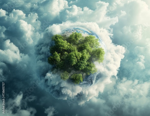A nature-themed naturalism art, the planet Earth with continents covered by giant trees and enveloped by white clouds. The background has a white cloud theme. Created with Generative AI. © an