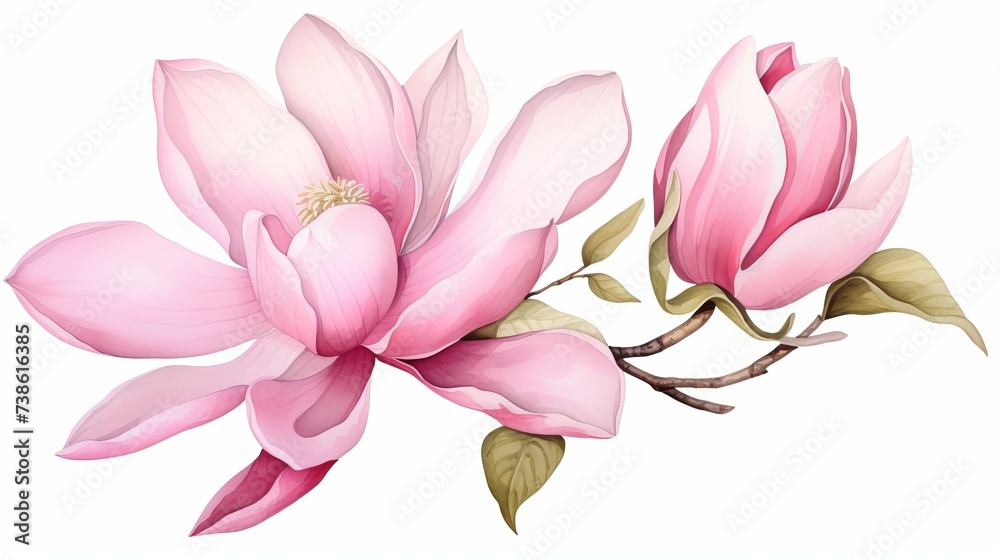 Pink Magnolia flower, on a white background transparent petals delicate watercolour technique Pink Magnolia flower, on a white background transparent petals delicate watercolour technique
