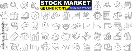 stock market line icon set, finance, investment, trading visuals, graphs, money, stocks, currency, business analytics, financial planning