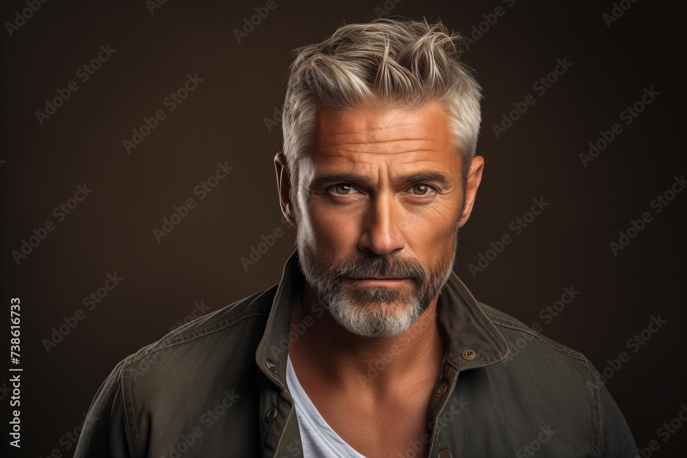 Portrait of a handsome mature man with grey hair and beard. Men's beauty, fashion.