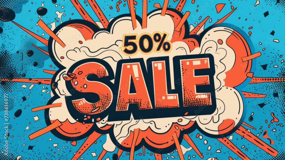 Comic lettering: 50 percent off promotion SALE in the speech bubble comic style Comic lettering: 50 percent off promotion SALE in the speech bubble comic style