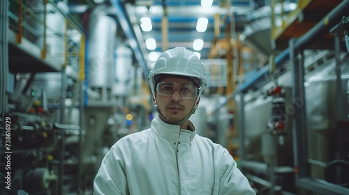 Portrait of a young man in a white protective suit and glasses. Industrial background. © Henryz