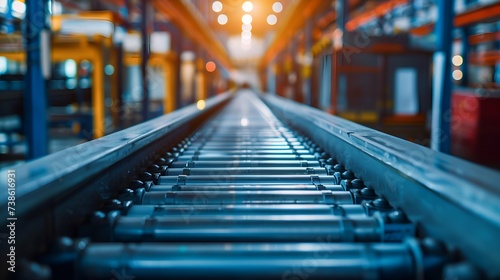 A conveyor belt in a warehouse or factory. Industrial background.