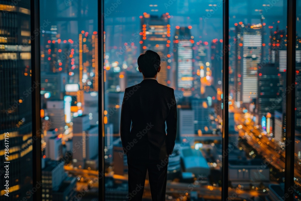 a confident CEO overlooking the city skyline from a high-rise office, inspiring and visionary a confident CEO overlooking the city skyline from a high-rise office, inspiring and visionary