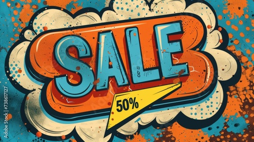 Comic lettering: 50 percent off promotion SALE in the speech bubble comic style