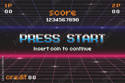 PRESS START INSERT A COIN TO CONTINUE .pixel art .8 bit game. retro game. for game assets .Retro Futurism Sci-Fi Background. glowing neon grid. and stars from vintage arcade computer games photo