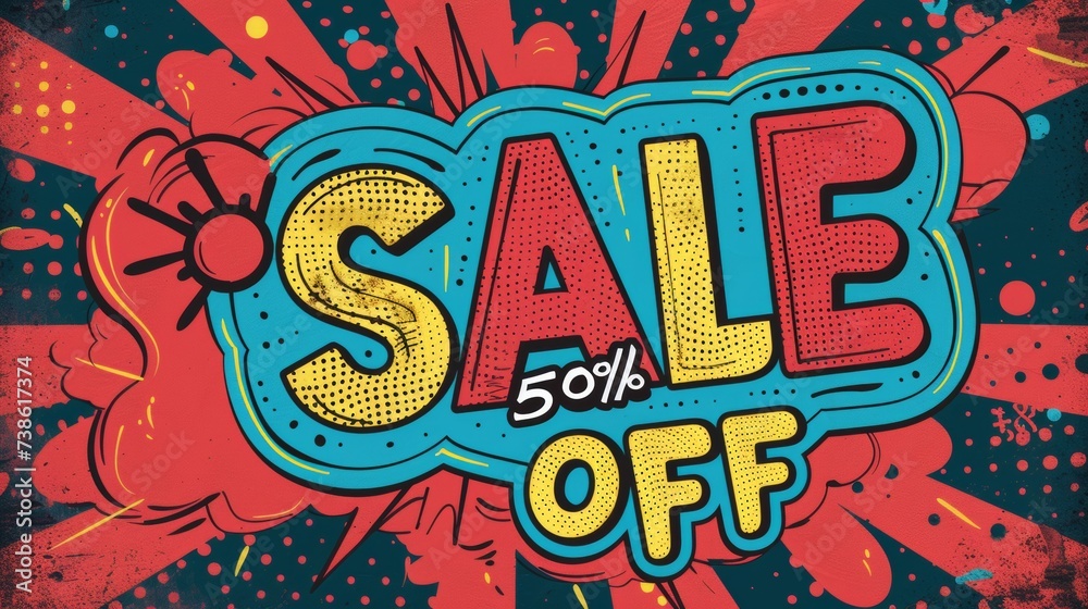 Comic lettering: 50 percent off promotion SALE in the speech bubble comic style