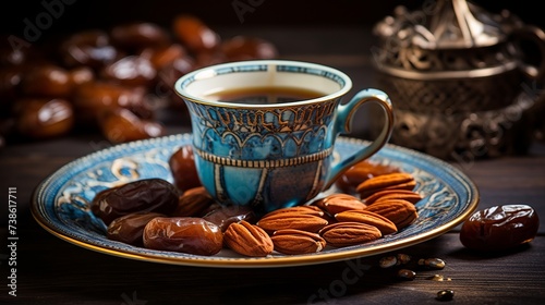 Ramadan kareem with premium dates and arabic coffee mug