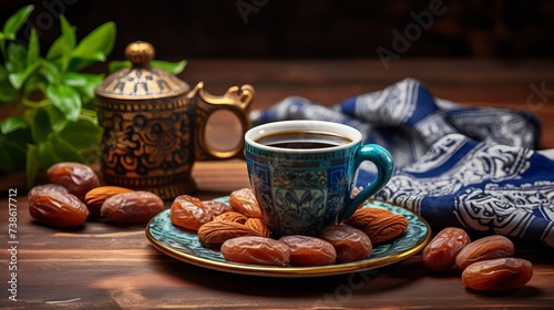 Ramadan kareem with premium dates and arabic coffee mug