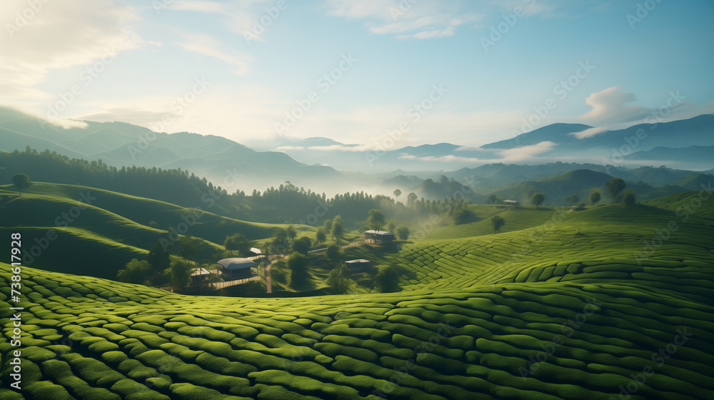 tea plantation on hilly area beautiful landscape wallpaper, green nature background 