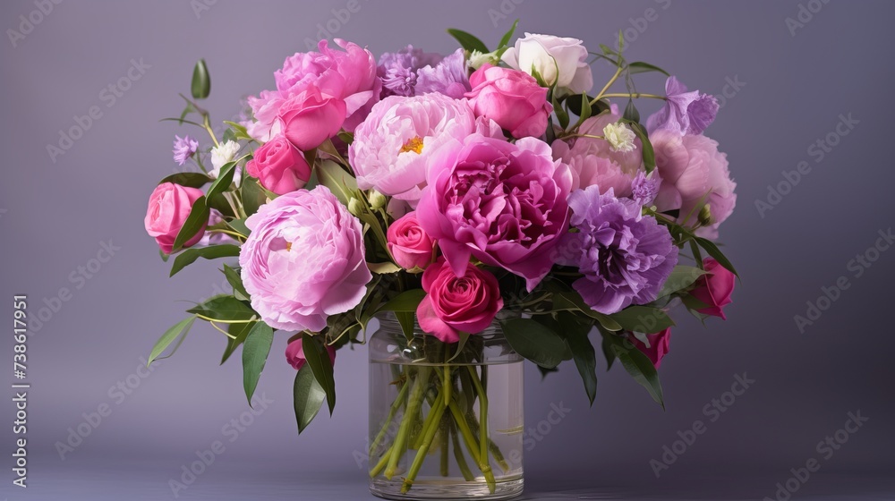 Rich bunch of pink peonies and lilac eustoma roses flowers, green leaf in glass vase. Fresh spring bouquet. Summer Background
