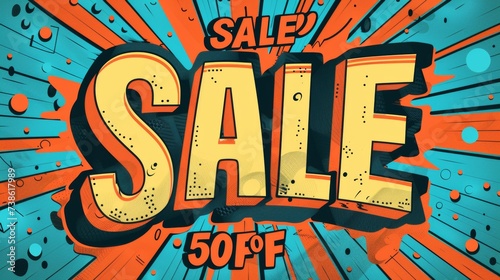 Comic lettering: 50 percent off promotion SALE in the speech bubble comic style