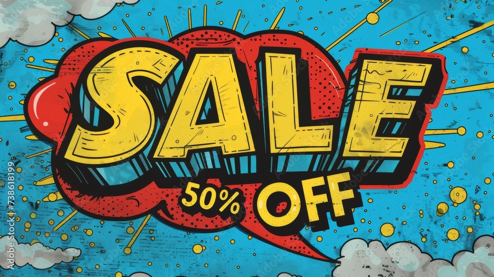 Comic lettering: 50 percent off promotion SALE in the speech bubble comic style